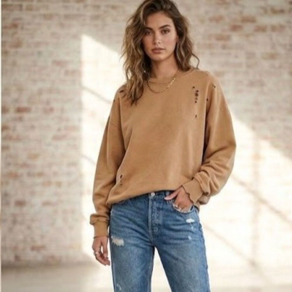 La Detresse Caramel Tan Distressed Crewneck Sweatshirt Lux Loungewear